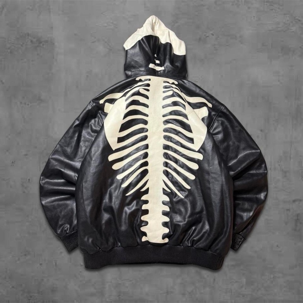 Y2k 90s Vintage Skater Grunge Oversized Skeleton Leather Zip Up Jacket - Picture 2 of 8